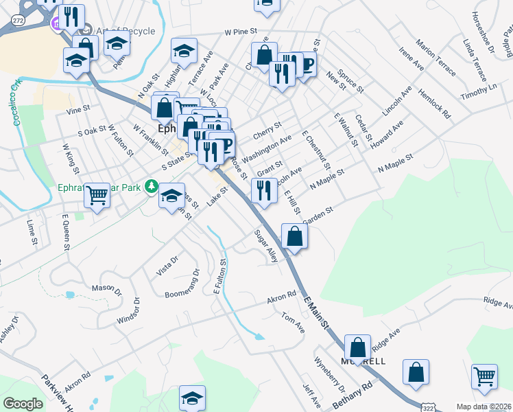 map of restaurants, bars, coffee shops, grocery stores, and more near 167 East Main Street in Ephrata