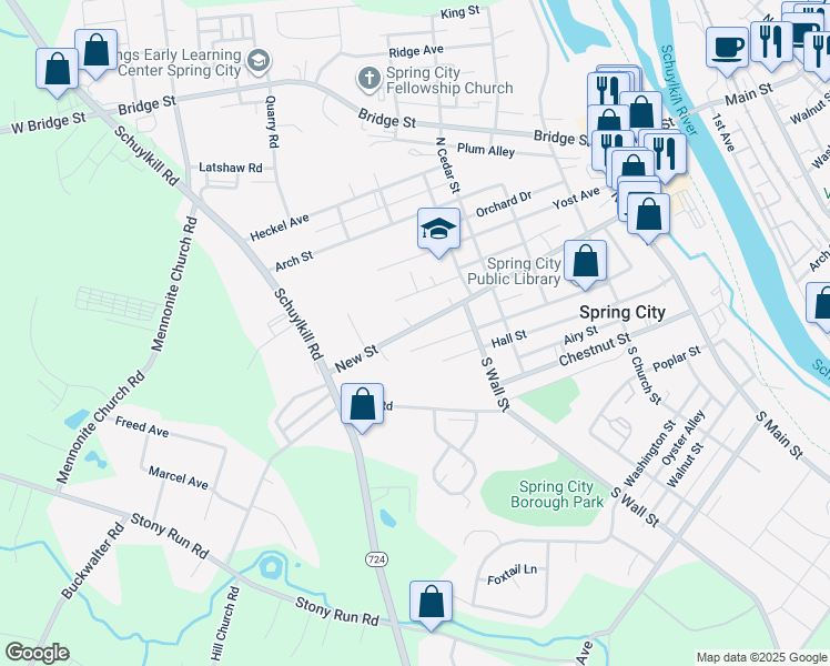map of restaurants, bars, coffee shops, grocery stores, and more near 620 New Street in Spring City