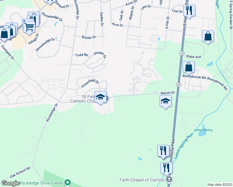 map of restaurants, bars, coffee shops, grocery stores, and more near 82 Marsh Dr in Carlisle