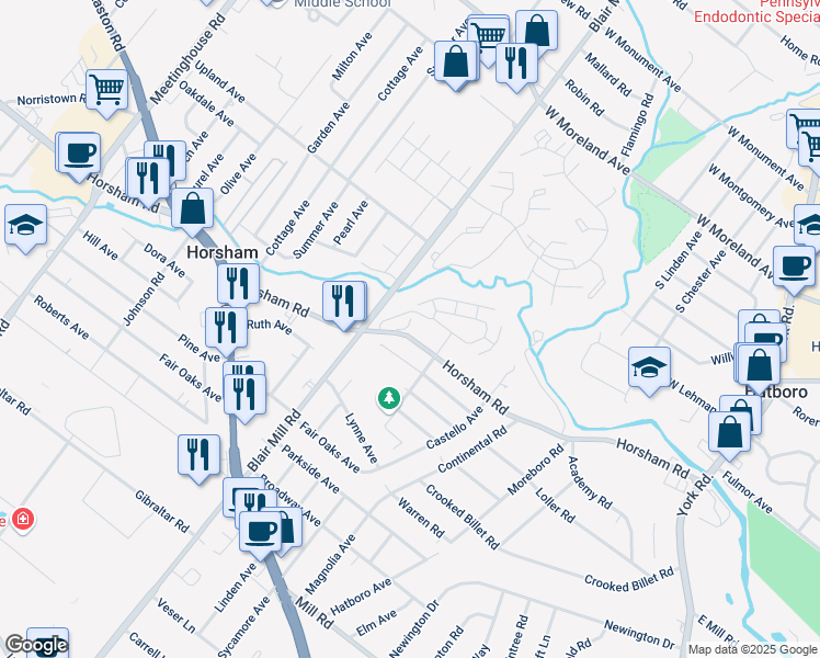 map of restaurants, bars, coffee shops, grocery stores, and more near 2615 Horsham Road in Hatboro