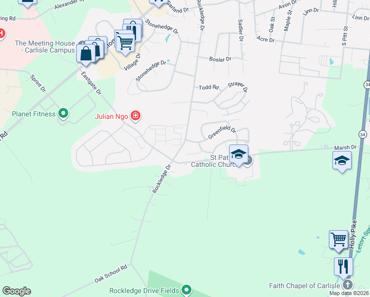 map of restaurants, bars, coffee shops, grocery stores, and more near 17 Thornhill Ct in Carlisle