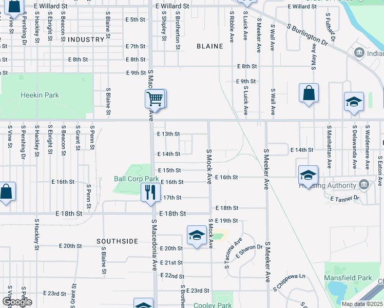 map of restaurants, bars, coffee shops, grocery stores, and more near 2009 East 14th Street in Muncie