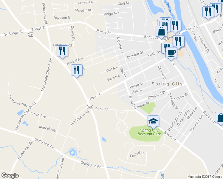 map of restaurants, bars, coffee shops, grocery stores, and more near 620 New Street in Spring City