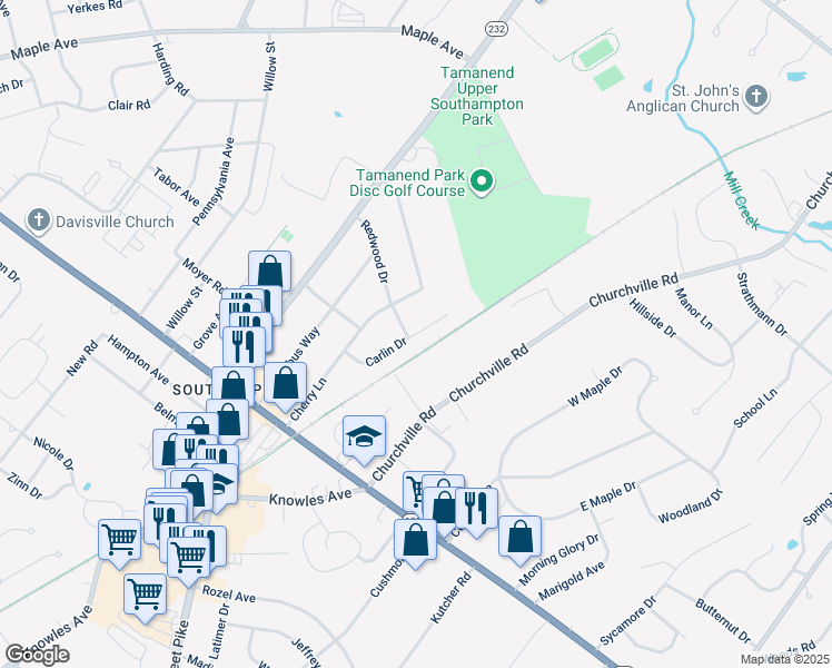 map of restaurants, bars, coffee shops, grocery stores, and more near 1000 Carlin Drive in Southampton