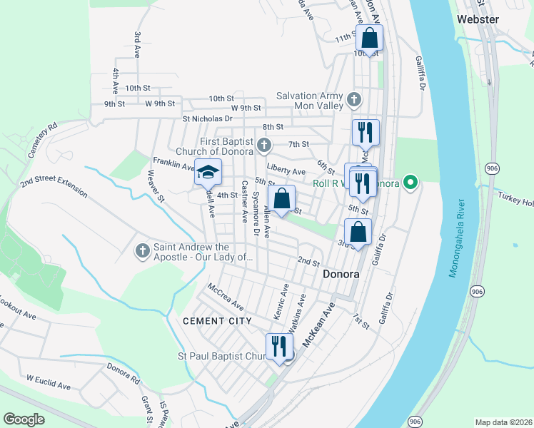map of restaurants, bars, coffee shops, grocery stores, and more near 457 3rd Street in Donora