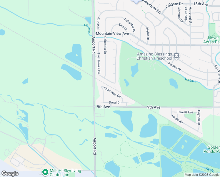 map of restaurants, bars, coffee shops, grocery stores, and more near 1036 Champion Circle in Longmont