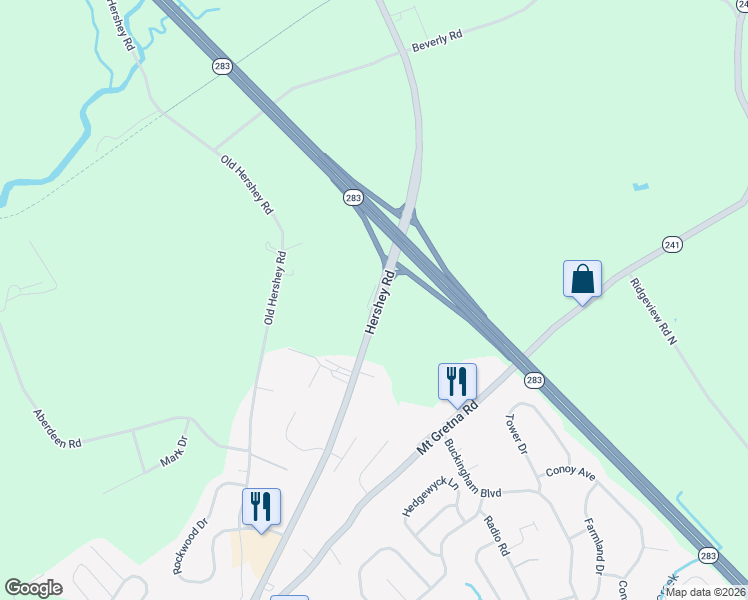 map of restaurants, bars, coffee shops, grocery stores, and more near 377R Hershey Road in Elizabethtown