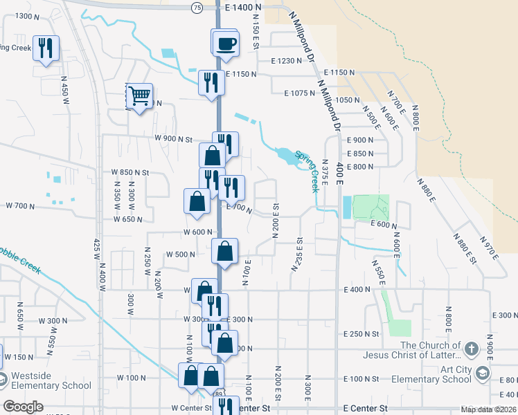 map of restaurants, bars, coffee shops, grocery stores, and more near 177 700 North in Springville