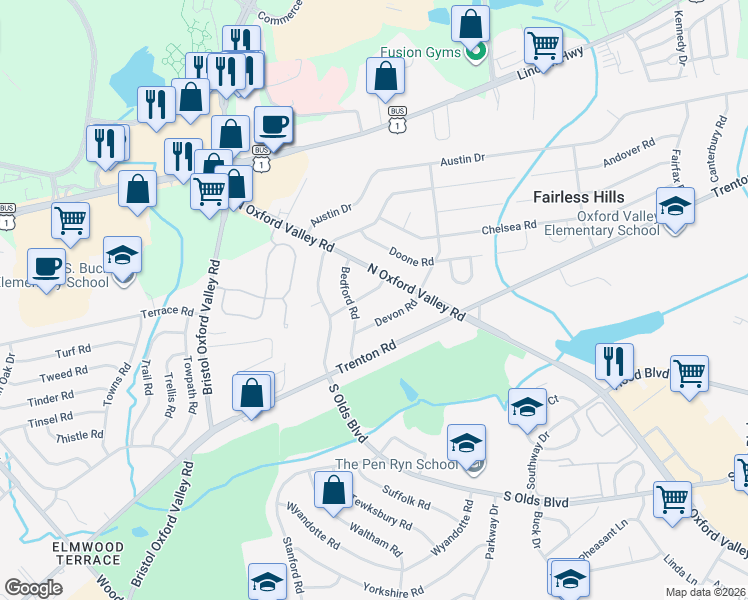 map of restaurants, bars, coffee shops, grocery stores, and more near 219 Devon Road in Fairless Hills
