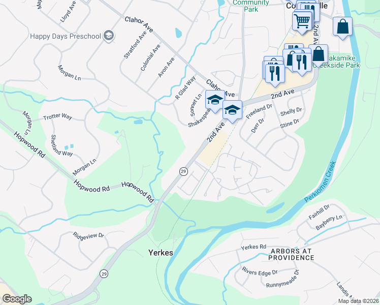 map of restaurants, bars, coffee shops, grocery stores, and more near 1755 South Collegeville Road in Collegeville