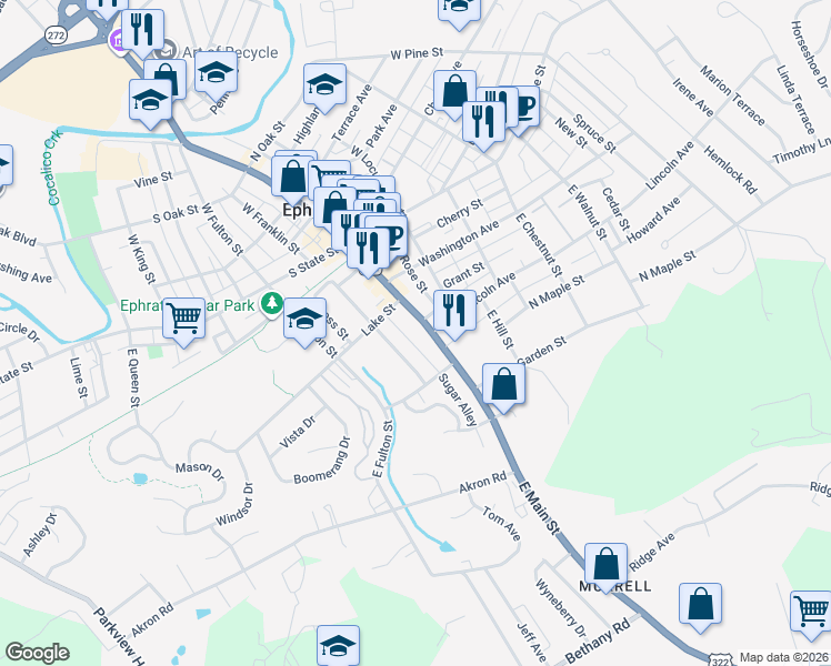 map of restaurants, bars, coffee shops, grocery stores, and more near 167 East Main Street in Ephrata