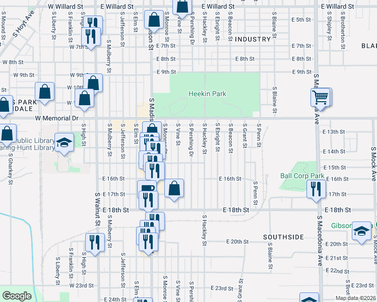 map of restaurants, bars, coffee shops, grocery stores, and more near 2105 South Pershing Drive in Muncie