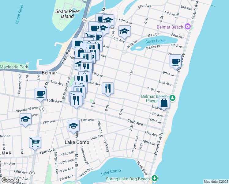 map of restaurants, bars, coffee shops, grocery stores, and more near 419 12th Avenue in Belmar