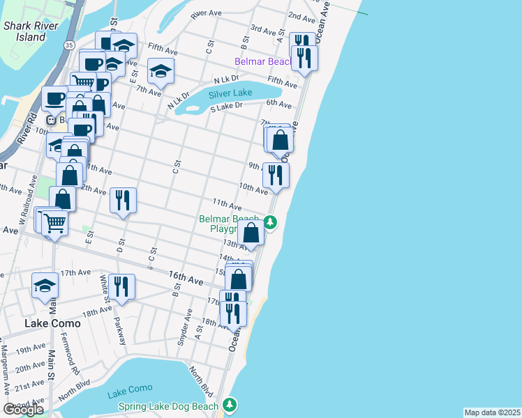 map of restaurants, bars, coffee shops, grocery stores, and more near 102 11th Avenue in Belmar