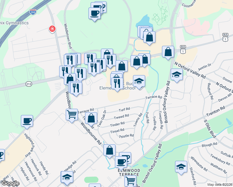 map of restaurants, bars, coffee shops, grocery stores, and more near 2331 Lincoln Highway in Langhorne
