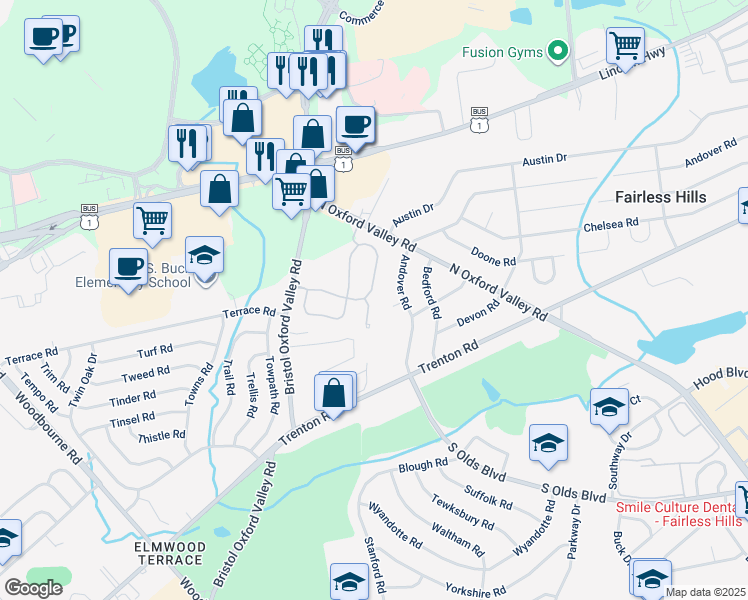 map of restaurants, bars, coffee shops, grocery stores, and more near 319 Ivanhoe Court in Langhorne
