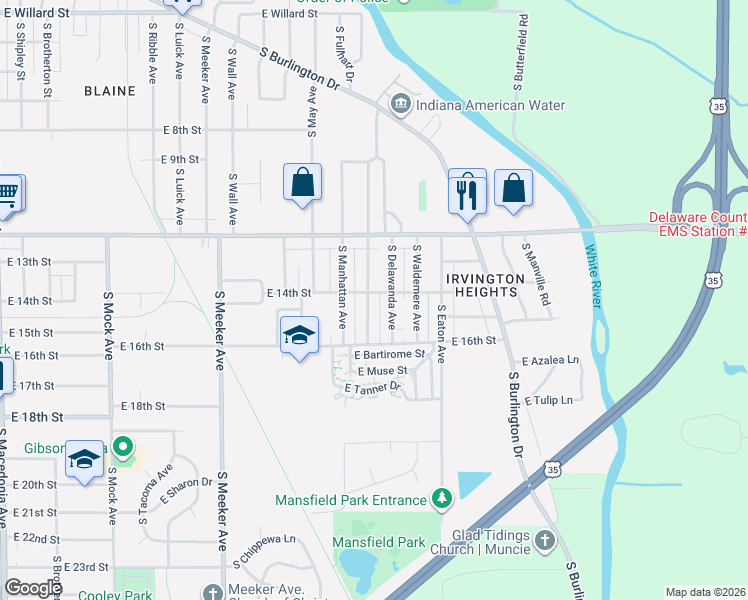 map of restaurants, bars, coffee shops, grocery stores, and more near 2106 South Biltmore Avenue in Muncie