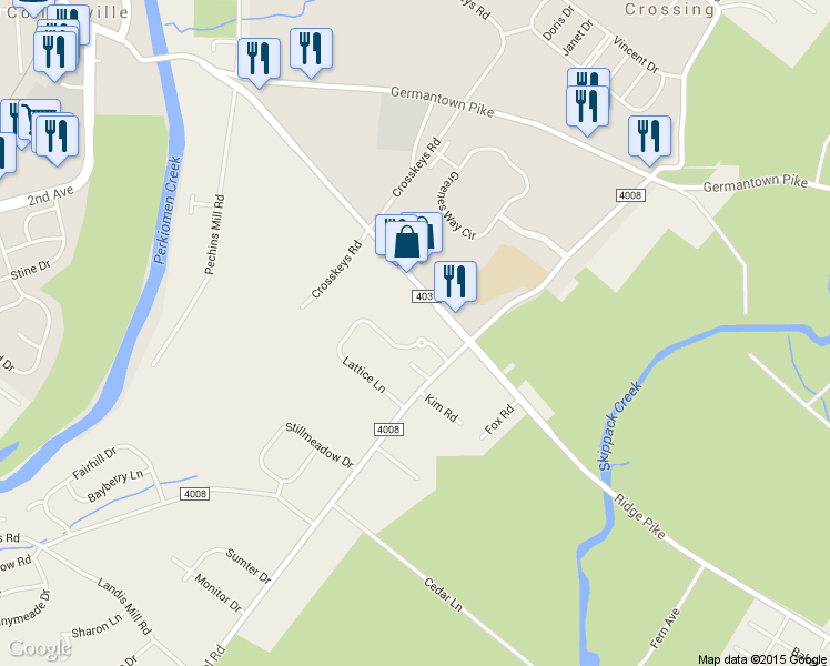 map of restaurants, bars, coffee shops, grocery stores, and more near 104 Lattice Lane in Collegeville