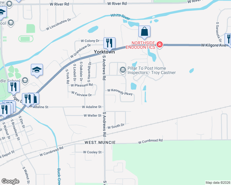 map of restaurants, bars, coffee shops, grocery stores, and more near 1905 South O'Hare Boulevard in Yorktown