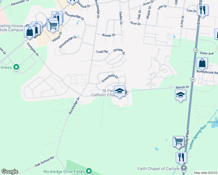 map of restaurants, bars, coffee shops, grocery stores, and more near 21 Ridgeway Drive in Carlisle