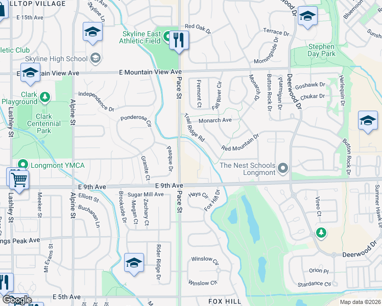 map of restaurants, bars, coffee shops, grocery stores, and more near 1000 Pace Street in Longmont