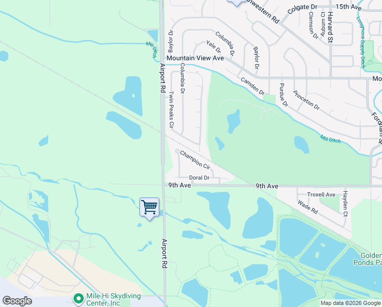 map of restaurants, bars, coffee shops, grocery stores, and more near 1036 Champion Circle in Longmont