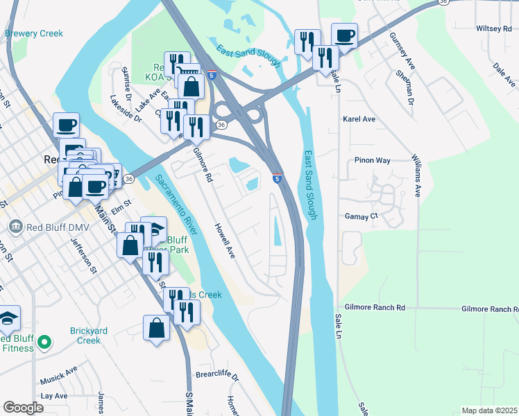 map of restaurants, bars, coffee shops, grocery stores, and more near 75 Mina Avenue in Red Bluff