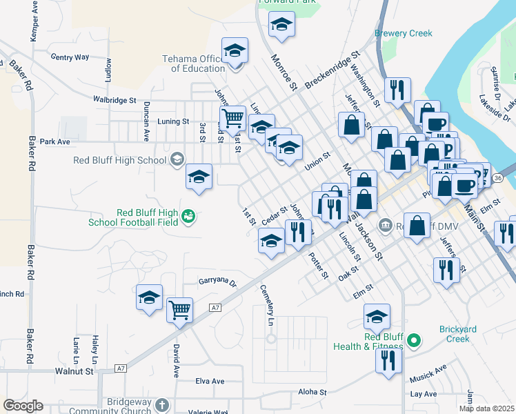 map of restaurants, bars, coffee shops, grocery stores, and more near 1038 1st Street in Red Bluff