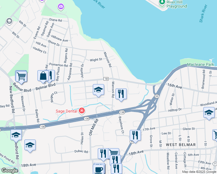 map of restaurants, bars, coffee shops, grocery stores, and more near 1415 Marconi Road in Monmouth County