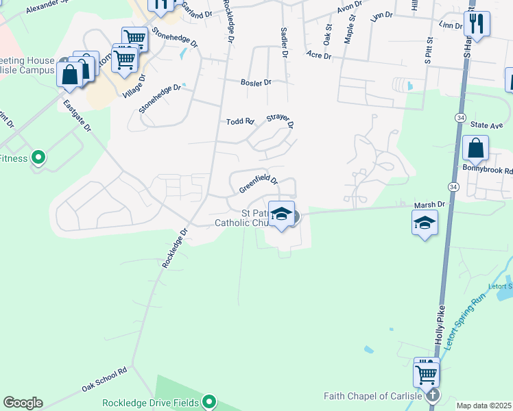 map of restaurants, bars, coffee shops, grocery stores, and more near 21 Ridgeway Drive in Carlisle