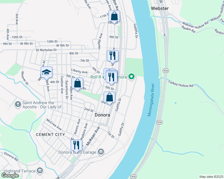 map of restaurants, bars, coffee shops, grocery stores, and more near 502 Meldon Avenue in Donora