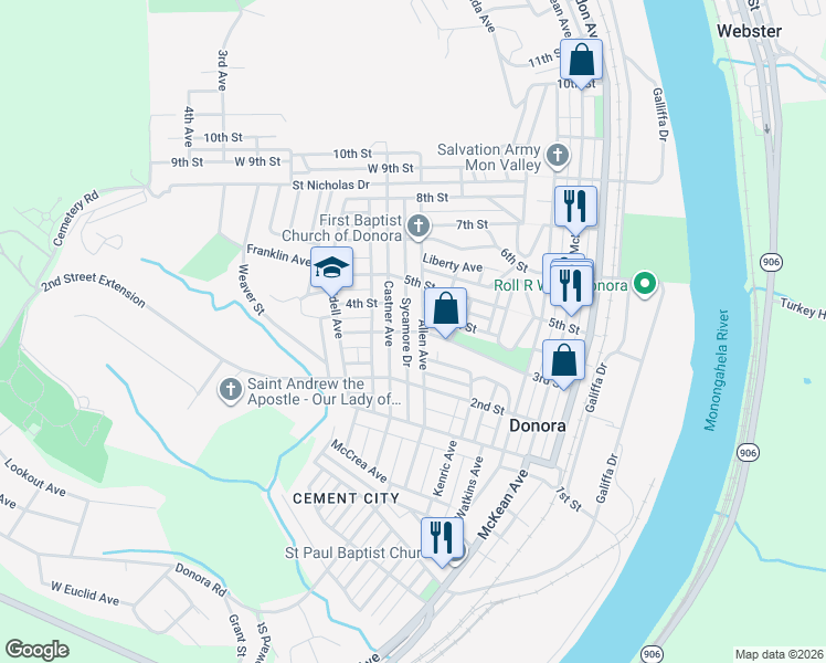 map of restaurants, bars, coffee shops, grocery stores, and more near 527 3rd Street in Donora