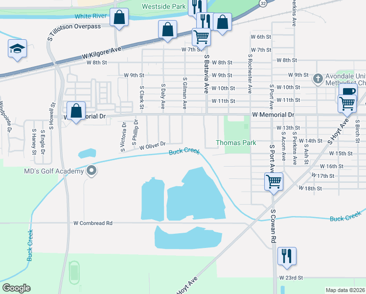 map of restaurants, bars, coffee shops, grocery stores, and more near 2301 West Oliver Drive in Muncie