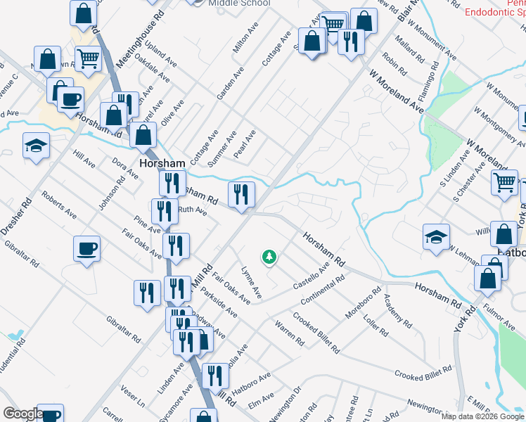 map of restaurants, bars, coffee shops, grocery stores, and more near 3325 Blair Mill Road in Hatboro