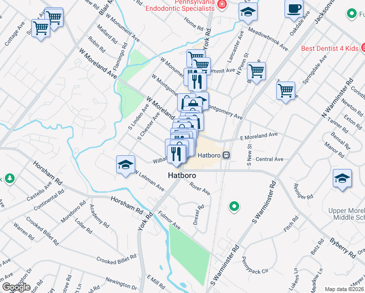 map of restaurants, bars, coffee shops, grocery stores, and more near 18 East Moreland Avenue in Hatboro
