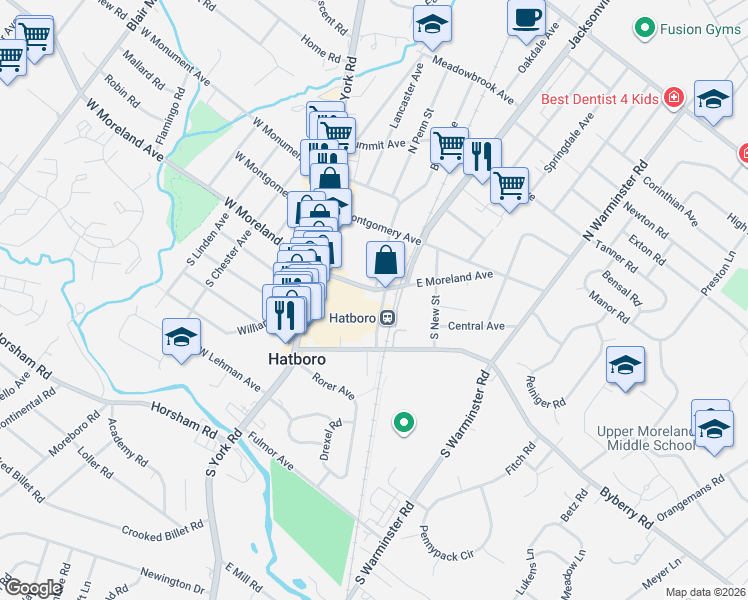 map of restaurants, bars, coffee shops, grocery stores, and more near 18 South Penn Street in Hatboro