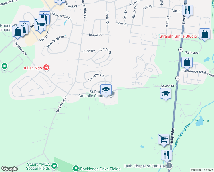 map of restaurants, bars, coffee shops, grocery stores, and more near 3 Wexford Court in Carlisle
