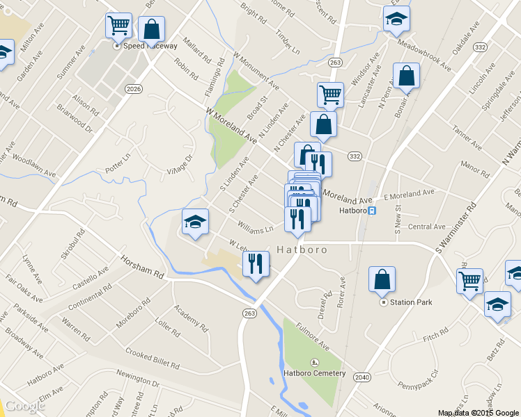 map of restaurants, bars, coffee shops, grocery stores, and more near 34 Harding Ave in Hatboro
