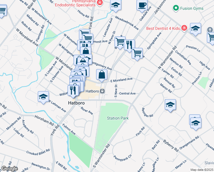 map of restaurants, bars, coffee shops, grocery stores, and more near 118 East Moreland Avenue in Hatboro