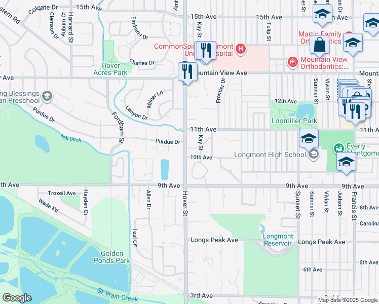 map of restaurants, bars, coffee shops, grocery stores, and more near 2260 10th Avenue in Longmont