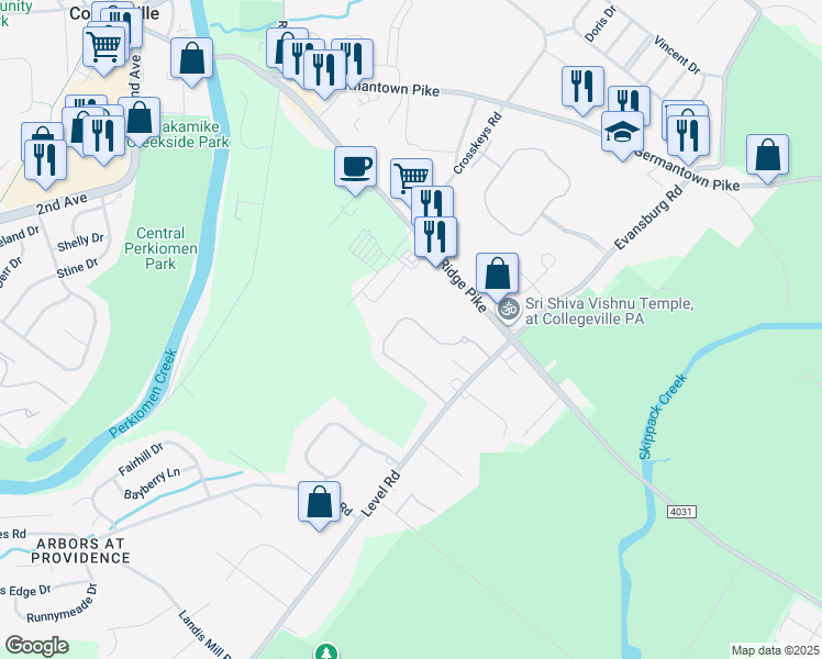 map of restaurants, bars, coffee shops, grocery stores, and more near 125 Lattice Lane in Collegeville