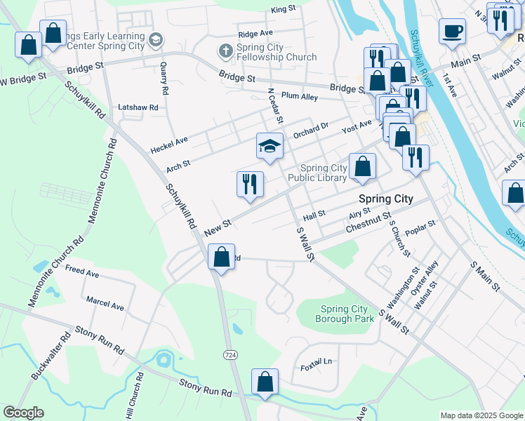 map of restaurants, bars, coffee shops, grocery stores, and more near 610 New Street in Spring City