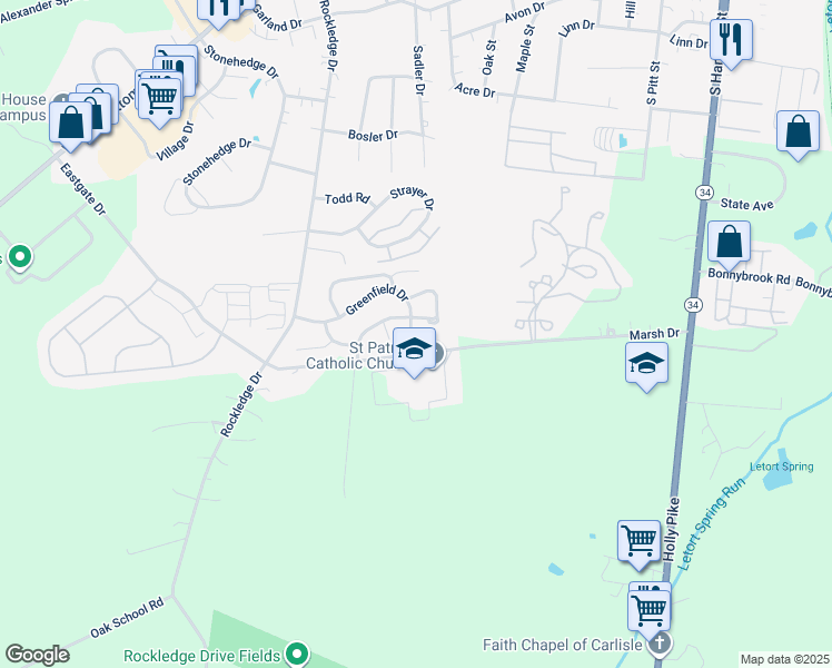 map of restaurants, bars, coffee shops, grocery stores, and more near 5 Eastwick Court in Carlisle