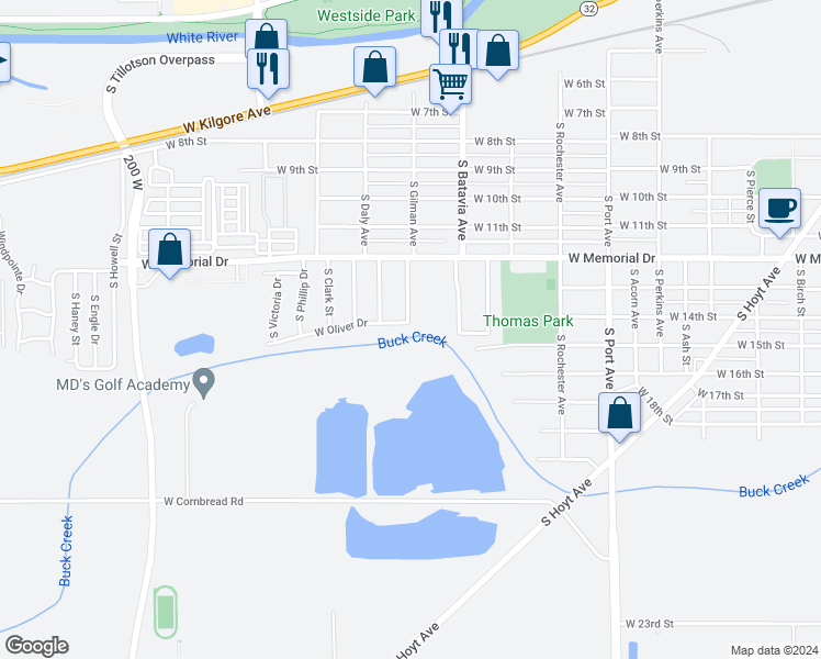 map of restaurants, bars, coffee shops, grocery stores, and more near 2301 West Oliver Drive in Muncie