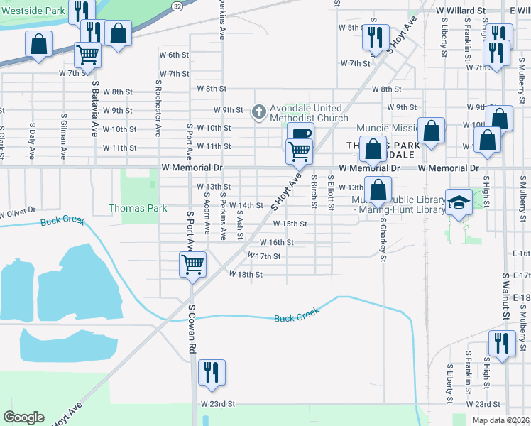 map of restaurants, bars, coffee shops, grocery stores, and more near 2119 South Hoyt Avenue in Muncie