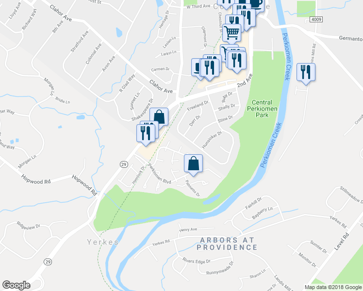 map of restaurants, bars, coffee shops, grocery stores, and more near 139 Fir Drive in Collegeville