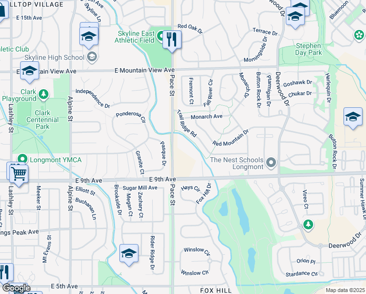 map of restaurants, bars, coffee shops, grocery stores, and more near 1000 Pace Street in Longmont