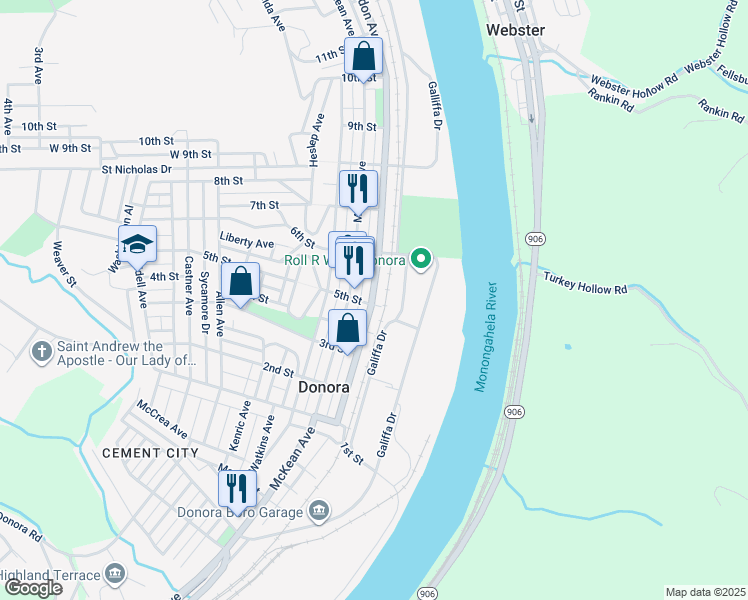 map of restaurants, bars, coffee shops, grocery stores, and more near 502 Meldon Avenue in Donora