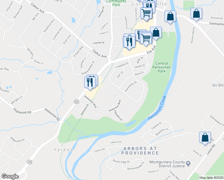 map of restaurants, bars, coffee shops, grocery stores, and more near 135 Fir Drive in Collegeville