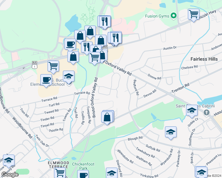 map of restaurants, bars, coffee shops, grocery stores, and more near 262 Liberty Drive in Langhorne